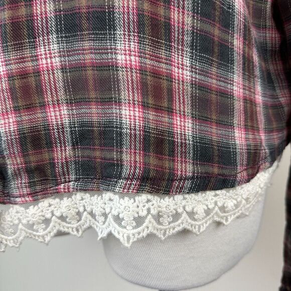 Vanilla Star Button Up Shirt Womens Size LARGE Plaid Lace Trim Collared - Picture 3 of 10